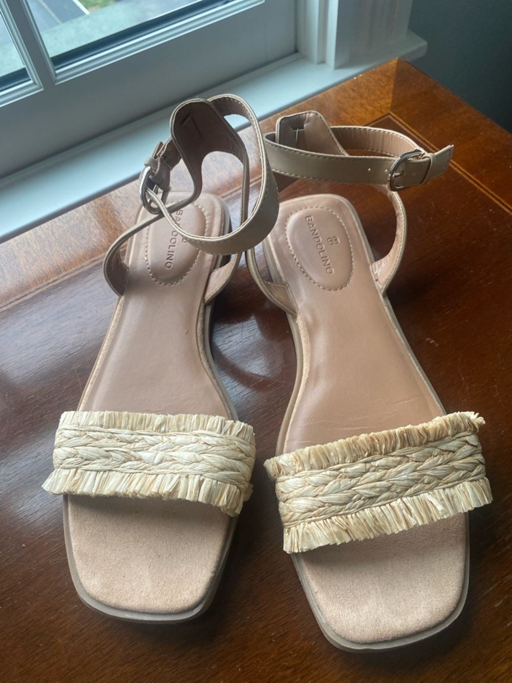 Bandolino Neutral Raffia Strap Ankle-Wrap Sandals